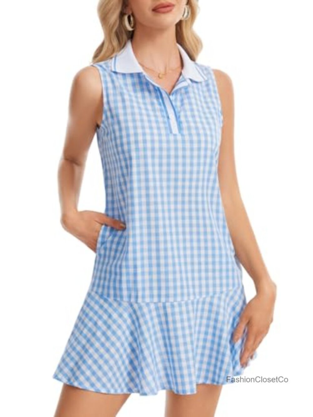 Women's Gingham Polo Dress Sleeveless Mini Tennis Dress Ruffle Hem Button Front - Picture 4 of 6